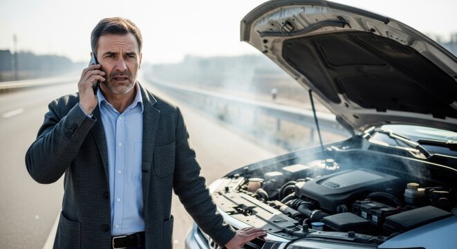 Man on phone next to smoking car on highway. Vehicle breakdown and engine trouble. Automotive assistance and roadside emergency concept. - Powered by Adobe