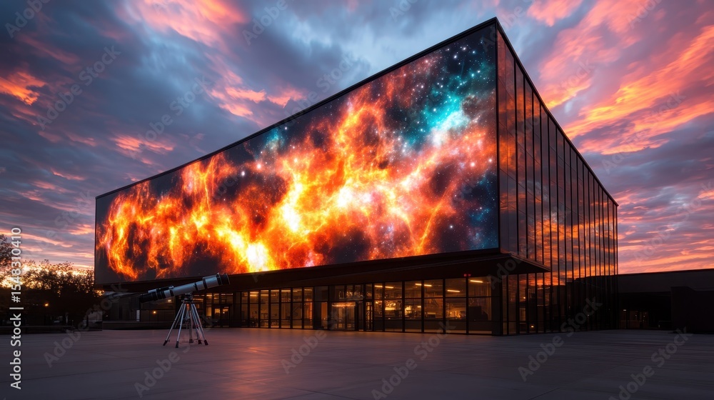 Poster a stunning modern building showcases a vibrant cosmic projection on its facade, highlighting the int
