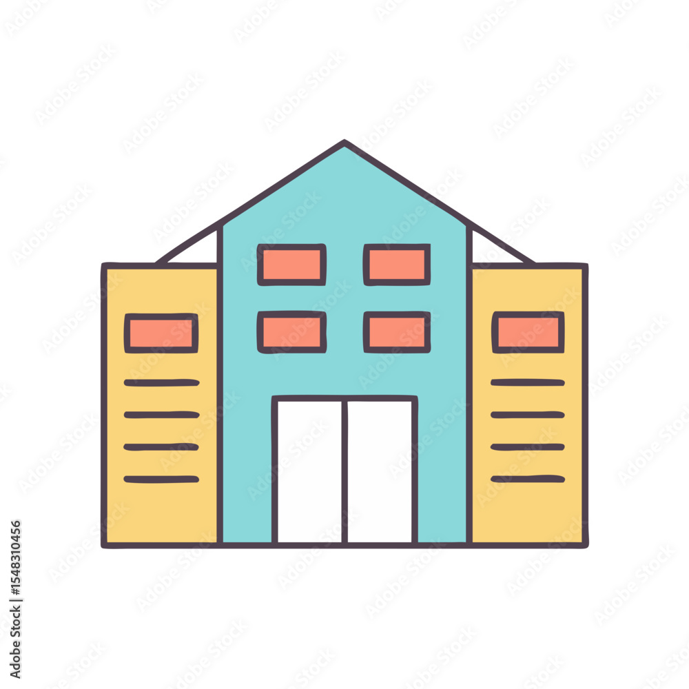 Poster colorful building with side structures and triangular roof illustration for design