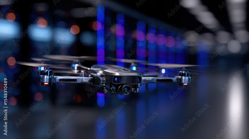 Poster a sleek drone is captured mid-flight inside a high-tech data center, surrounded by rows of servers e