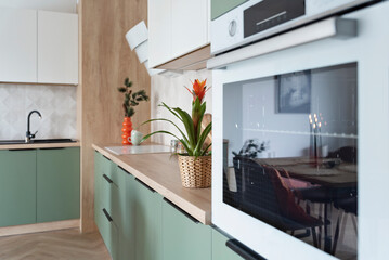Modern kitchen in new luxurious apartment. Green furniture, wooden counter, white oven and orange decoration. Home with elegant design. Real estate.