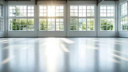 Fototapeta premium A tranquil, spacious interior flooded with natural light, featuring large windows that offer a glimpse of greenery, perfect for relaxation or creative pursuits.