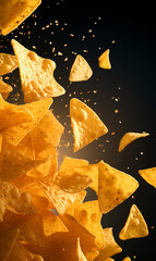 Triangular tortilla chips are flying in the air against a white background