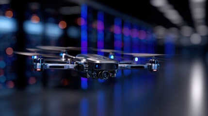 A sleek drone is captured mid-flight inside a high-tech data center, surrounded by rows of servers emitting blue ambient light in a futuristic setting.