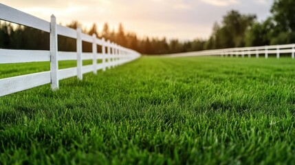 Fototapeta premium A picturesque green field bordered by a white fence, basking in golden hour light, creating a tranquil ambiance that invites peace and a connection to nature.