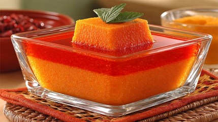 the image shows a square glass bowl filled with a layered gelatin dessert