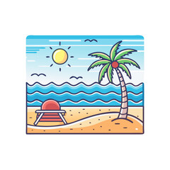 Vibrant and Cheerful Beach Scene with Palm Tree and Lounge Chair Illustration