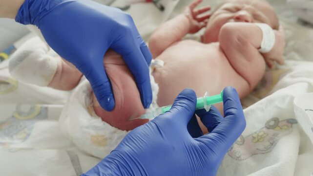 A newborn baby receives an injection from a medical professional in a hospital setting. The focus is on the vaccination process.