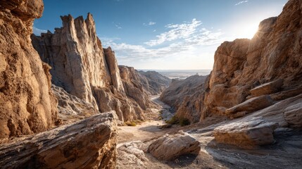Dramatic rock formations frame a deep canyon under a clear blue sky as the sun sets, casting warm light over a rugged desert terrain.