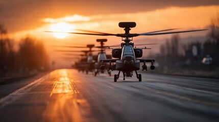 Rows of military helicopters prepare for a training exercise on a wide runway as the sun sets, casting a warm glow on the aircraft and the surrounding landscape.