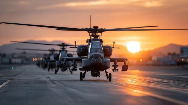 Helicopters are organized on the tarmac of an airfield, silhouetted against a vibrant sunset. The mountains provide a dramatic backdrop as the day transitions to night. - Powered by Adobe