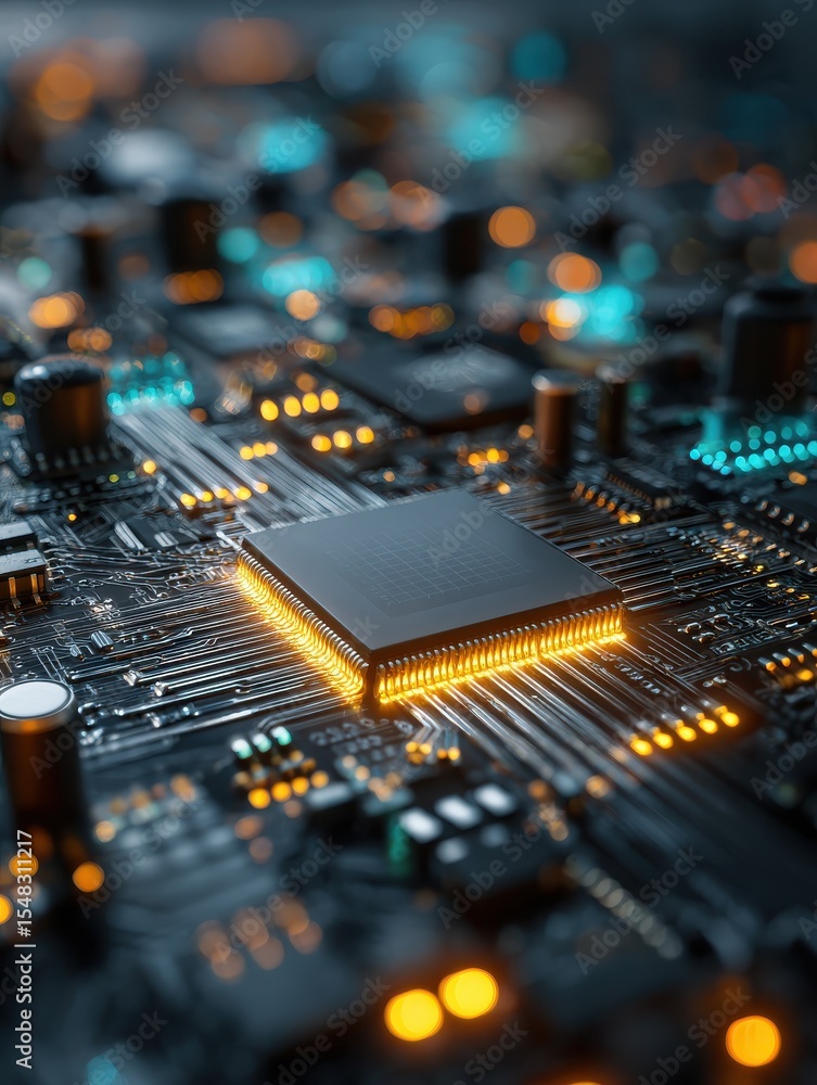 Poster detailed view of a microchip on a circuit board with illuminated components at night
