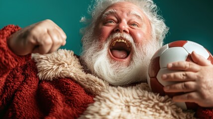 A joyful Santa Claus wearing a furry coat celebrates while holding a soccer ball, capturing the festive spirit and playful side of the holiday season in a whimsical manner.