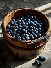 the image features a wooden bucket filled to the brim with dark blue fruit. the bucket shows signs of wear, with a dark rim around its circumference