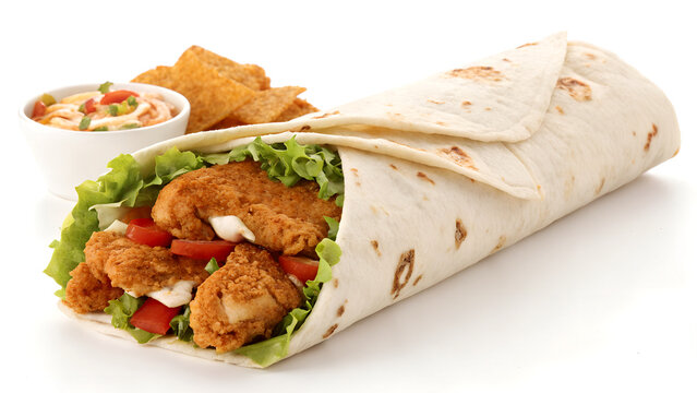Spicy zinger chicken broast wrap isolated on white background, fast food concept