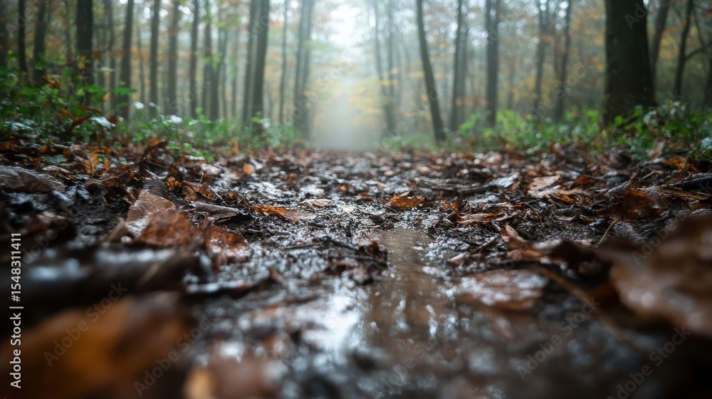 Poster This serene image features a quiet forest path blanketed with fallen leaves, enveloping the viewer in a misty autumn atmosphere that evokes tranquility and reflection.