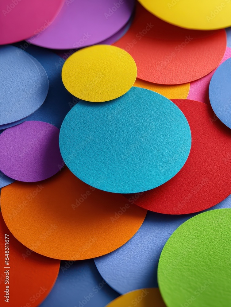 Poster colorful round paper pieces creating an abstract background, close-up shot. with copy space image. p