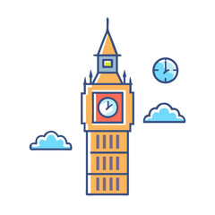 Stylized cartoon of Big Ben in London with floating clock and clouds