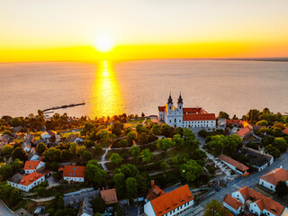 Tihany in Hungary. Benedictine Monastery of Tihany Abbey with Lake Balaton.