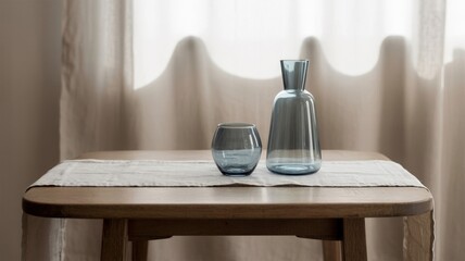 Elegant glass carafe and tumbler in soft blue hues on a wooden table with a linen runner - AI generated