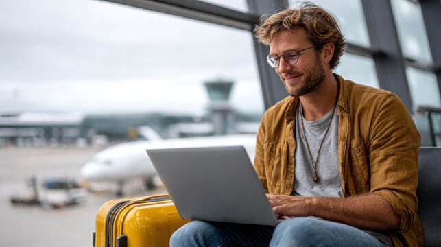 Fototapeta A man with glasses sits on a bench at an airport terminal, working on his laptop. His yellow suitcase rests beside him as he looks focused and productive in a busy travel environment.