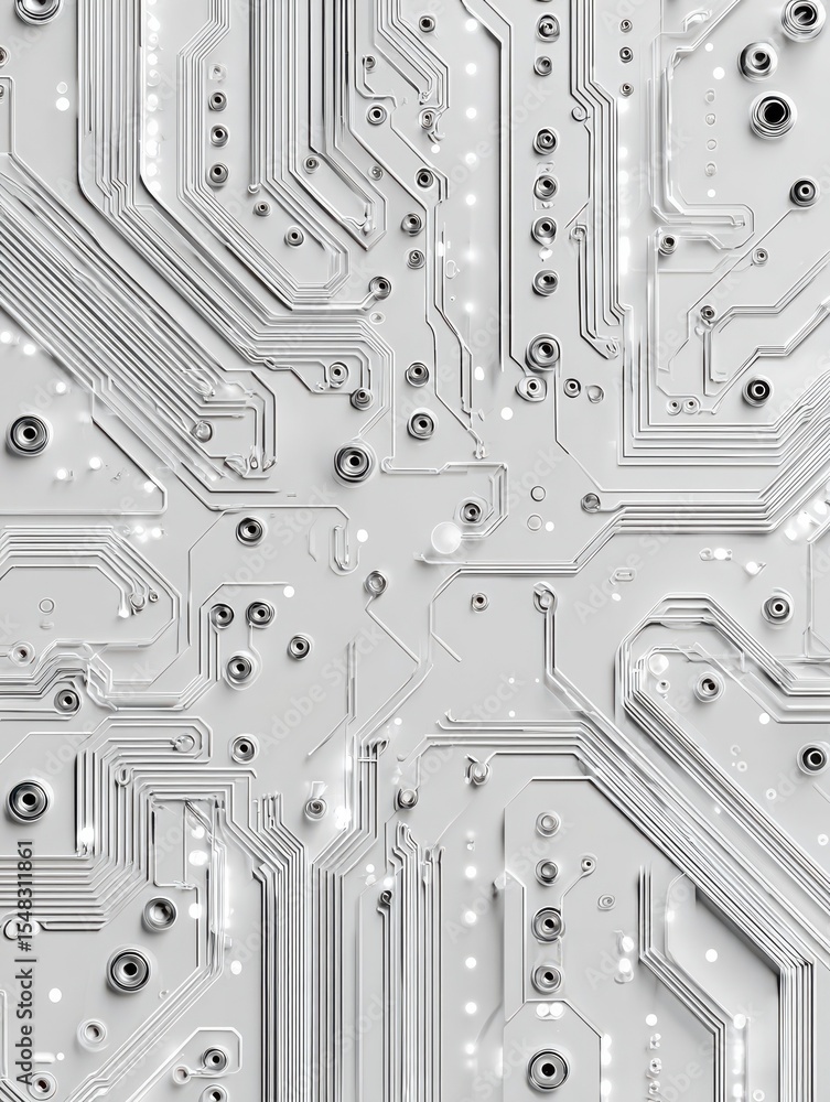 Poster white circuit board background with glowing lines and nodes