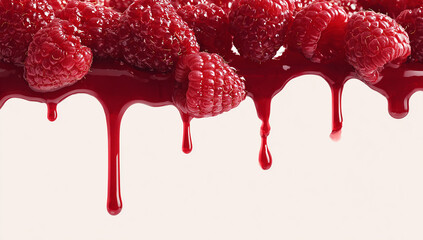 Vibrant red jam dripping down with fresh raspberries on a white background