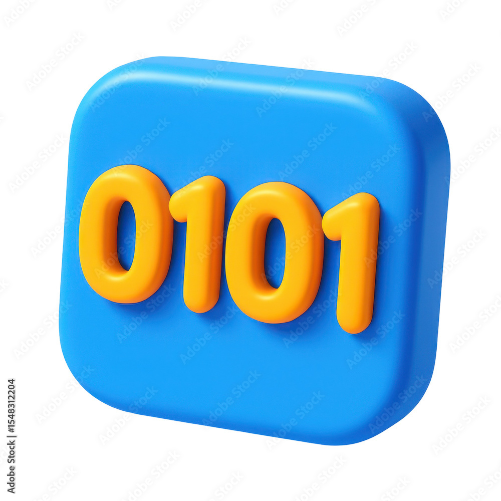 Poster cartoon plastic style 3d icon of the binary code 0101 on a blue rounded square with transparent back