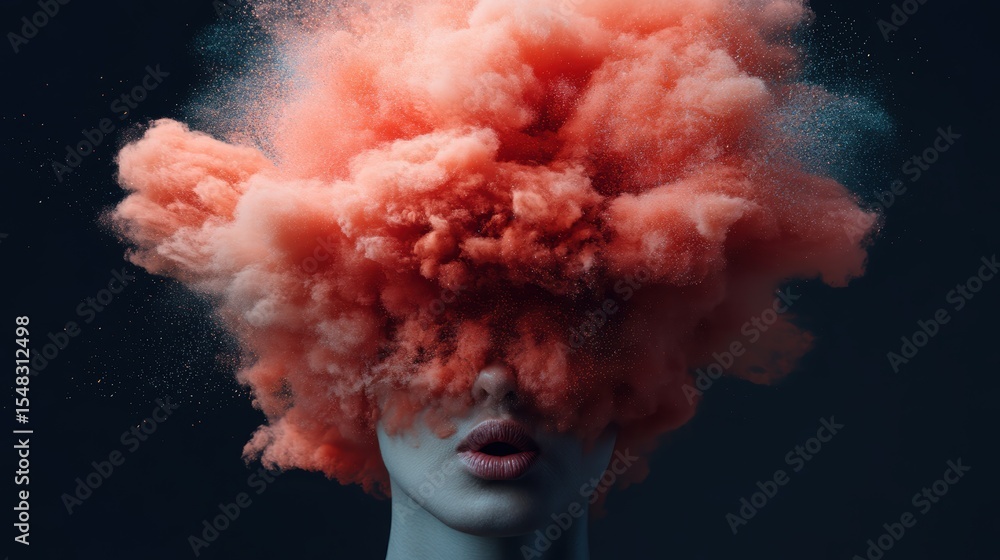 Poster an artistic portrait featuring a head enveloped in a colorful explosion of powder, creating a striki