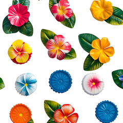 Water bottle caps designed as tropical flowers, seamless top-down layout, white background