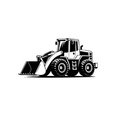 Naklejka premium Detailed black vector of a front loader with large wheels and scoop, construction equipment style.