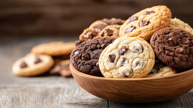 A beautifully arranged bowl of assorted chocolate chip cookies, portraying indulgence and the joy of homemade baked treats in a rustic setting.