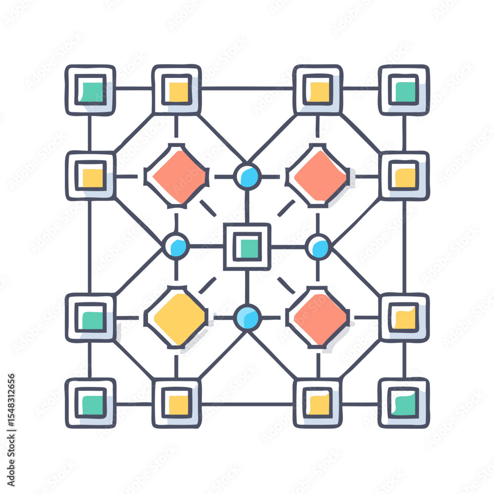 Poster interconnected nodes and lines forming a network or a data structure visualization