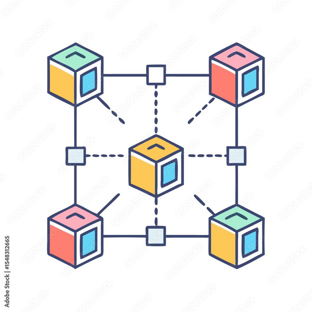 Poster colorful distributed ledger technology network of interconnected cubes and nodes