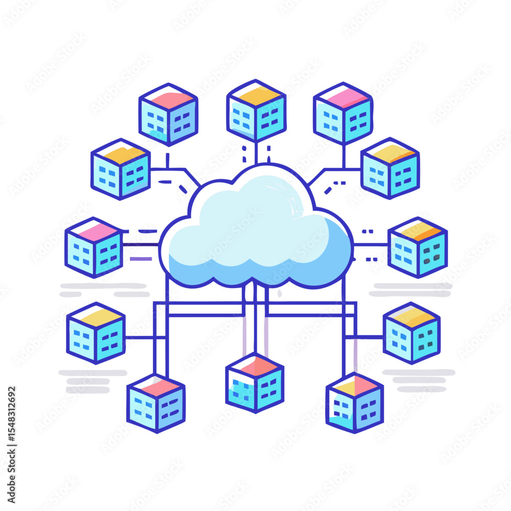 Poster cloud network illustration showcasing data storage and server connections for modern computing