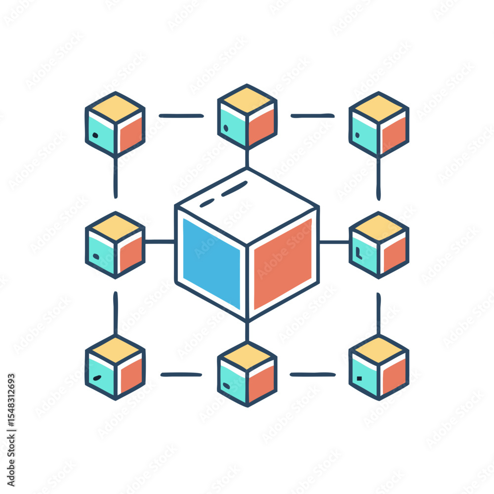 Poster interconnected blocks depicting blockchain technology or distributed network systems conceptual illu