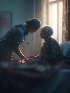 Caregivers providing compassionate care to elderly residents in nursing home, ensuring comfort, well-being. Image portrays dignity, respect afforded to older adults in long-term care settings.