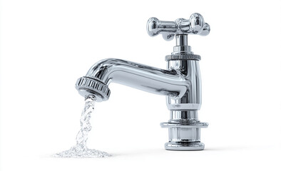 Water faucet with water flowing, isolated on a white background