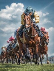 Leading the pack. A jockey and his Thoroughbred thunder down the track in front of the pack.Room for text or copy space
