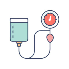 Stylized medical illustration depicting IV bag connected to blood pressure gauge