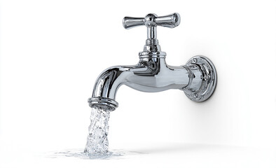 Water faucet with water flowing, isolated on a white background