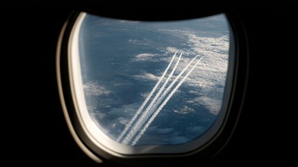 Naklejka premium Contrails from another aircraft visible from airplane window against a vivid sky