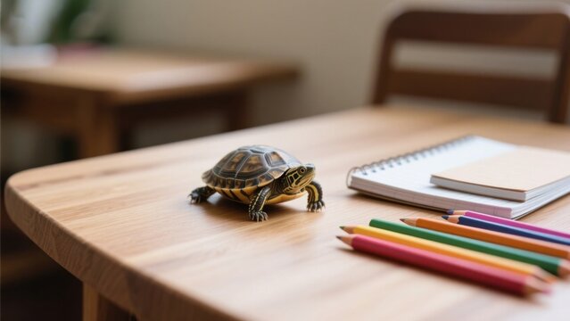 A charming turtle figurine stands on a wooden desk beside a notebook and colorful pencils, creating a whimsical and inspiring workspace scene .