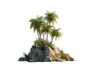 Isolated Tropical Island Paradise Palm Trees on Rocky Outcrop for Relaxation and Vacation Vibes
