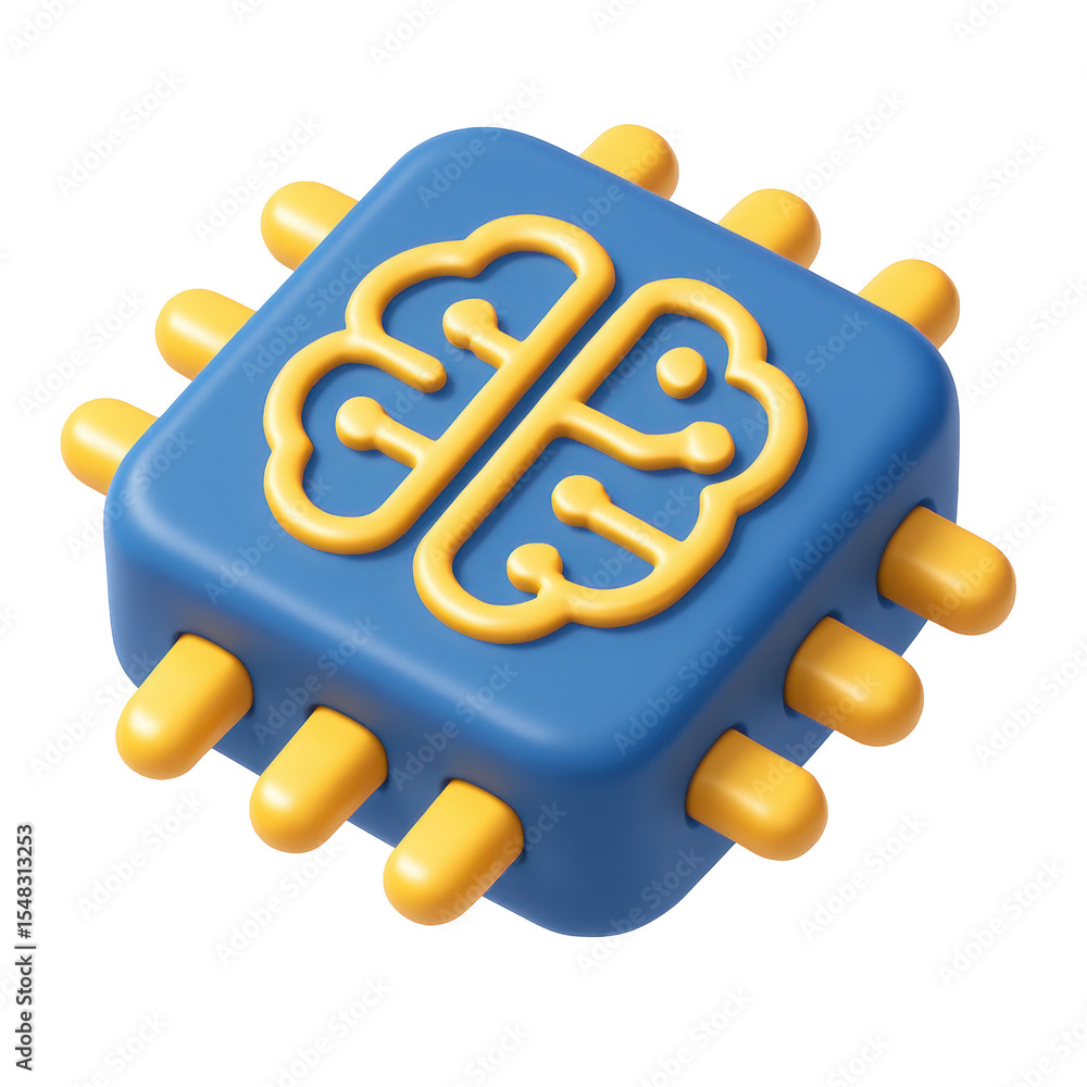 Poster cartoon 3d brain chip icon symbolizing artificial intelligence and machine learning, with transparen
