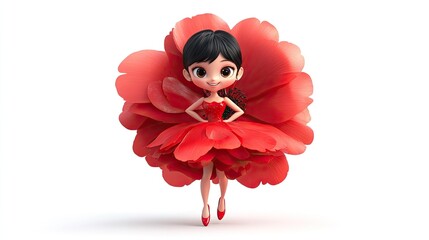 A 3D cartoon girl wearing a red dress and high heels, holding a giant flower, against a white background. 