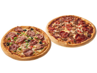 Delicious Pizza Pair A Tempting Duo of Freshly Baked Italian Classics with Various Toppings Ready to Serve