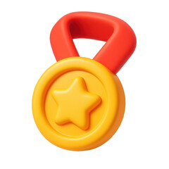 Cartoon 3d bronze medal with red ribbon and star, isolated on transparent background
