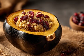 Halved Roasted Acorn Squash with Quinoa and Cranberries on Brown Background