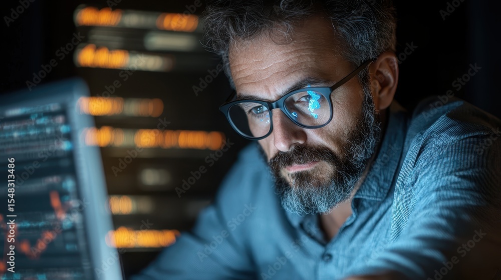 Poster a thoughtful man with glasses deeply focused on analyzing complex data on his computer screen, highl